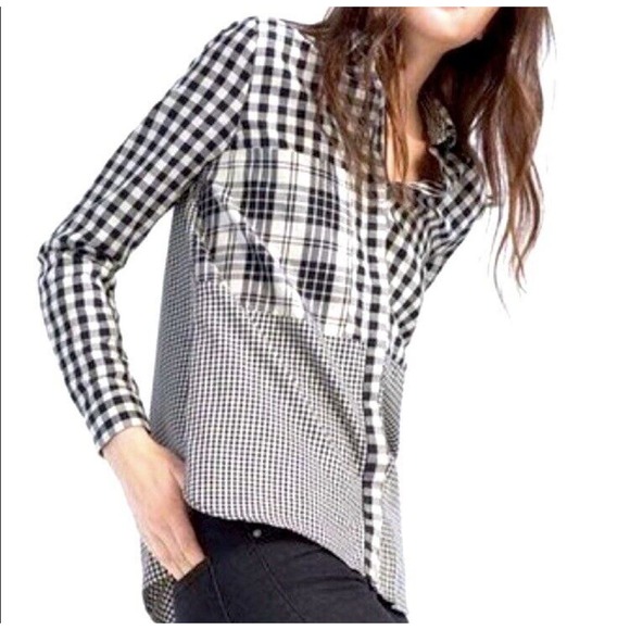 ZARA women’s Black White Mixed Print Checked Plaid Flannel Button Down Top - Picture 6 of 6